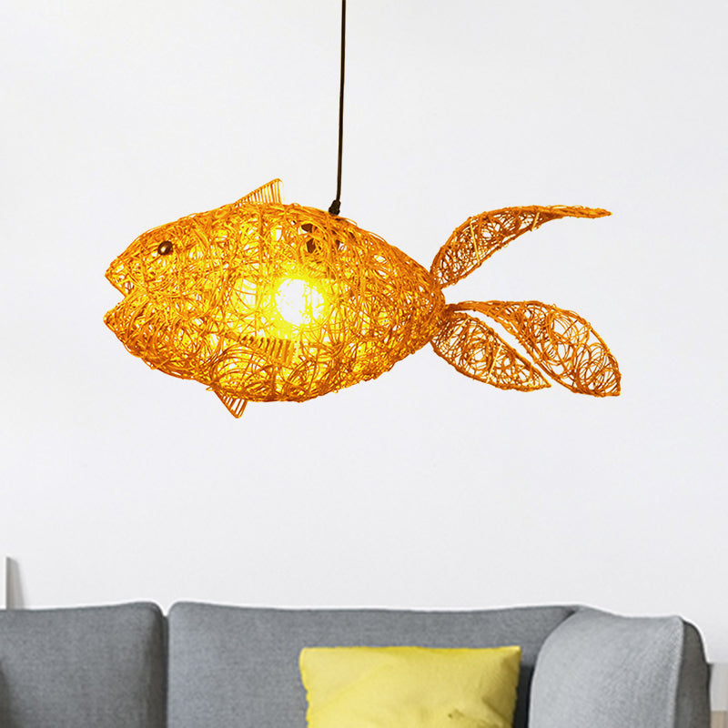 Asian Style Fish-Shape Pendulum Light Rattan 1-Light Living Room Hanging Ceiling Lamp in Gold Clearhalo 'Ceiling Lights' 'Pendant Lights' 'Pendants' Lighting' 762728