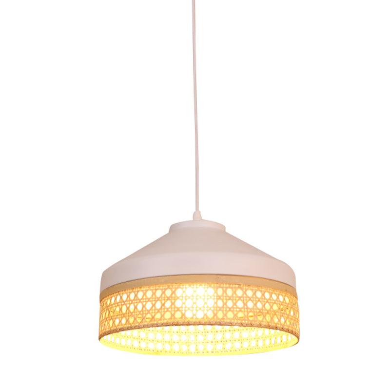 Iron Barn Pendant Light Kit Modernist 1 Head White Ceiling Suspension Lamp with Woven Bamboo Rattan Detail Clearhalo 'Ceiling Lights' 'Pendant Lights' 'Pendants' Lighting' 762742