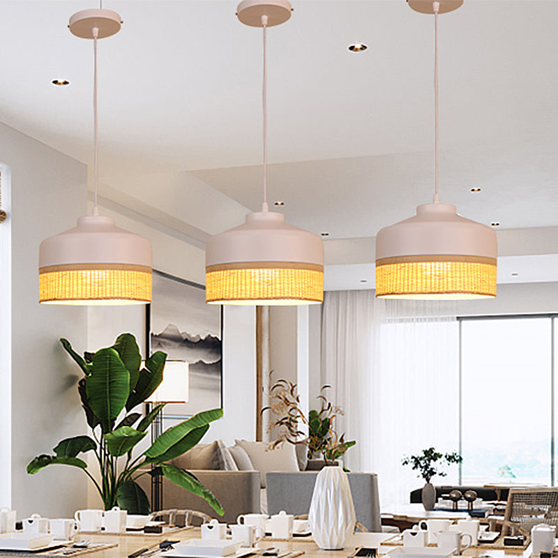 Modernism 1-Light Drop Pendant Light White and Beige Altar Hanging Lamp with Bamboo Rattan Shade Clearhalo 'Ceiling Lights' 'Pendant Lights' 'Pendants' Lighting' 762745