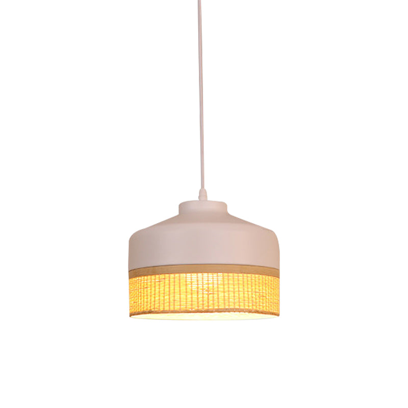 Modernism 1-Light Drop Pendant Light White and Beige Altar Hanging Lamp with Bamboo Rattan Shade Clearhalo 'Ceiling Lights' 'Pendant Lights' 'Pendants' Lighting' 762746