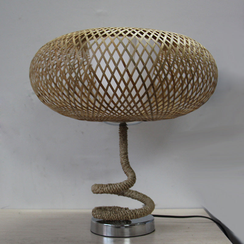 Woven Oval Nightstand Light Asian Bamboo Rattan 1-Head Flaxen Night Lamp with Rope Design Flaxen Clearhalo 'Lamps' 'Table Lamps' Lighting' 762788