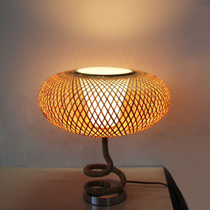 Woven Oval Nightstand Light Asian Bamboo Rattan 1-Head Flaxen Night Lamp with Rope Design Clearhalo 'Lamps' 'Table Lamps' Lighting' 762789