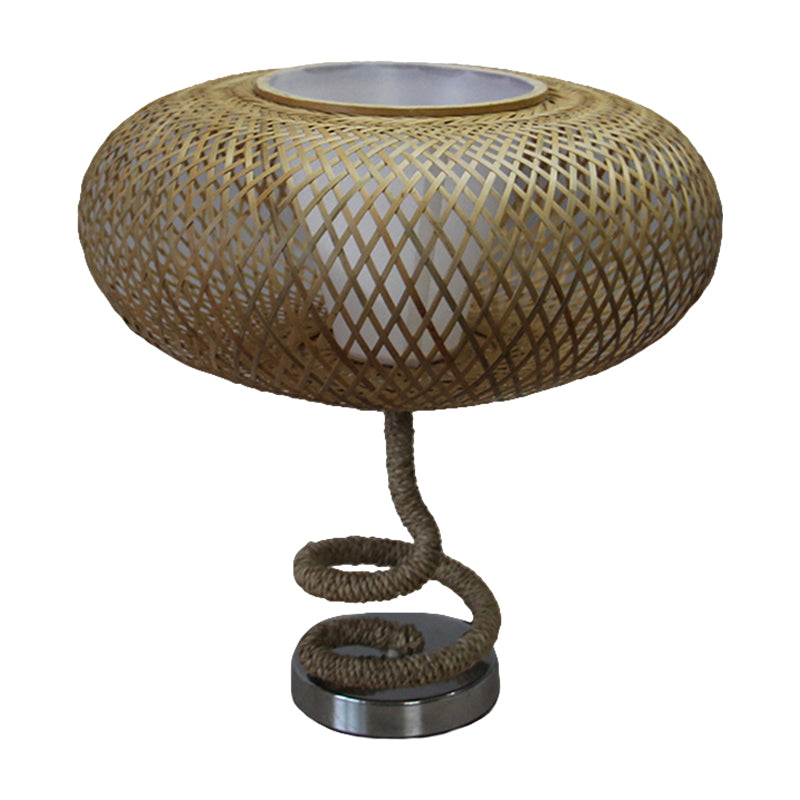 Woven Oval Nightstand Light Asian Bamboo Rattan 1-Head Flaxen Night Lamp with Rope Design Clearhalo 'Lamps' 'Table Lamps' Lighting' 762790