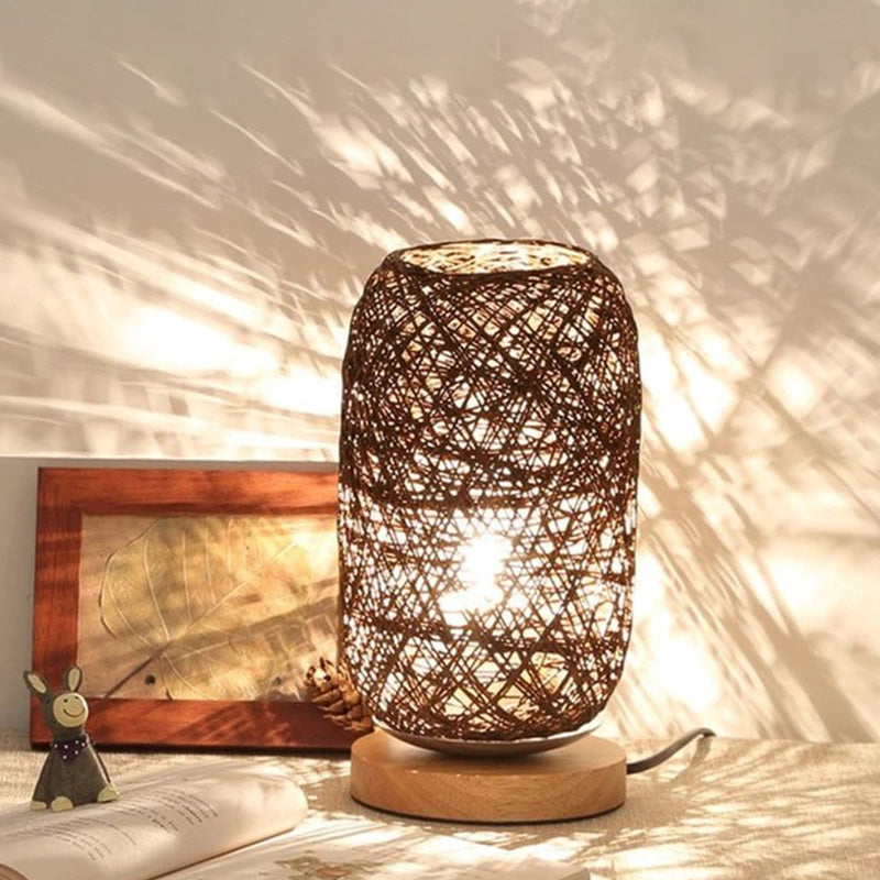 Bamboo Rattan Capsule Night Table Light Modern Asia 1-Light Beige/Coffee Nightstand Lamp Coffee Clearhalo 'Lamps' 'Table Lamps' Lighting' 762792