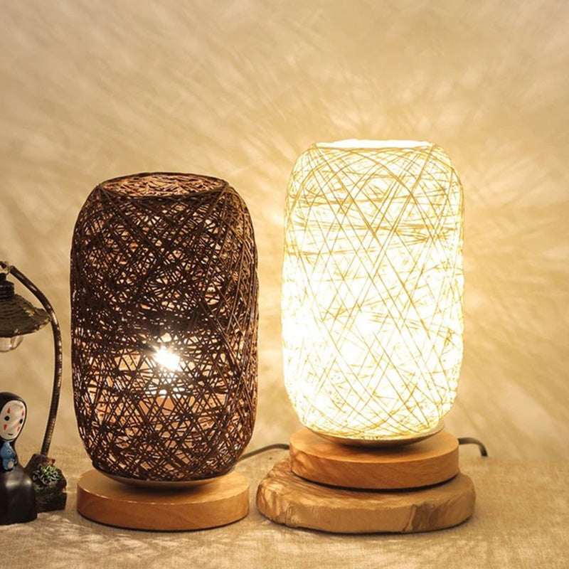 Bamboo Rattan Capsule Night Table Light Modern Asia 1-Light Beige/Coffee Nightstand Lamp Beige Clearhalo 'Lamps' 'Table Lamps' Lighting' 762796