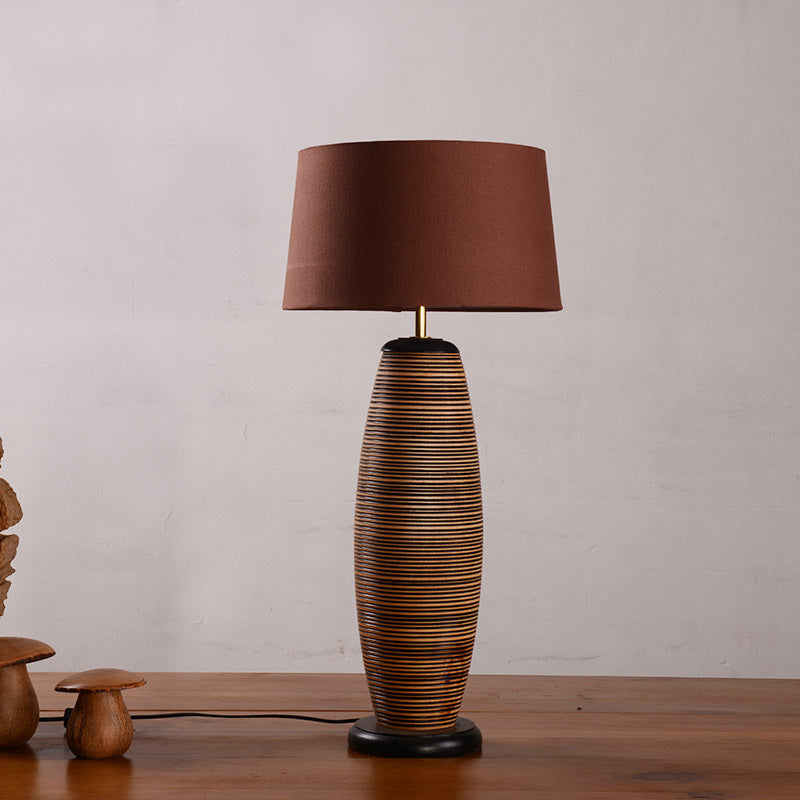 Coffee Cocoon Shaped Night Lighting Asia 1 Head Wood Night Table Lamp with Drum Brown Fabric Shade Coffee Clearhalo 'Lamps' 'Table Lamps' Lighting' 762808