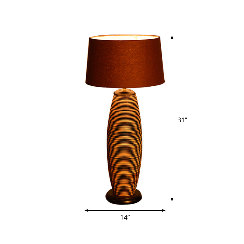 Coffee Cocoon Shaped Night Lighting Asia 1 Head Wood Night Table Lamp with Drum Brown Fabric Shade Clearhalo 'Lamps' 'Table Lamps' Lighting' 762811