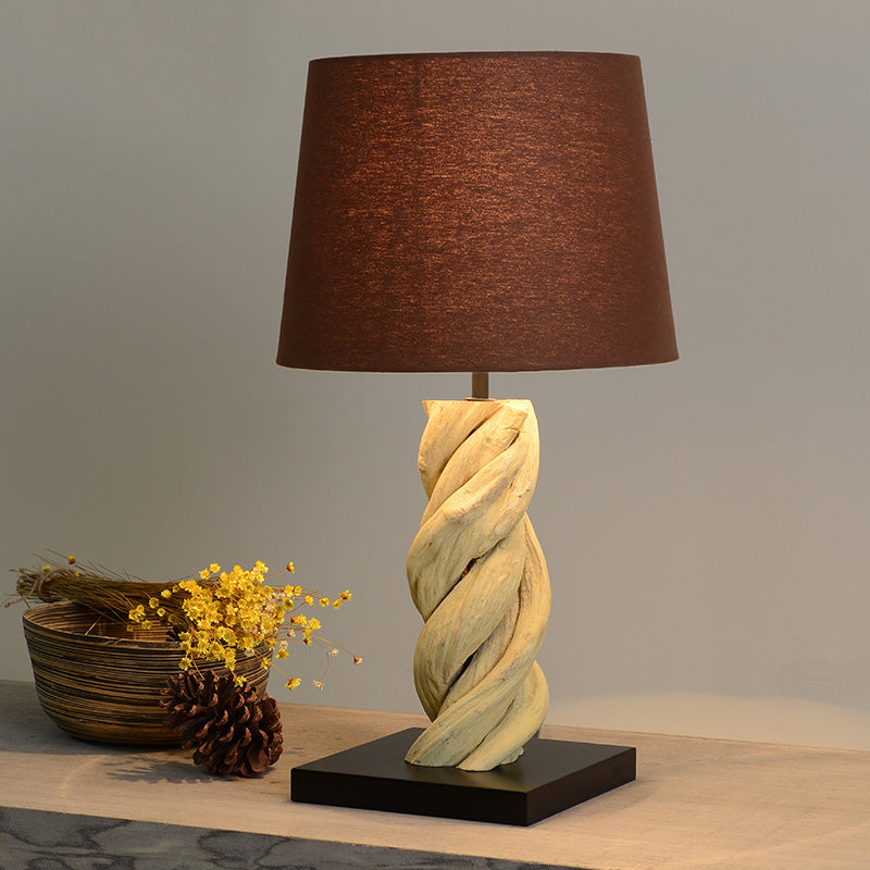 Barrel Night Table Light Art Deco Fabric 1 Head Brown Night Lamp with Spiral Wood Bar Base Brown Clearhalo 'Lamps' 'Table Lamps' Lighting' 762816