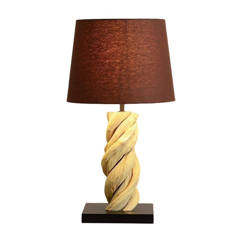 Barrel Night Table Light Art Deco Fabric 1 Head Brown Night Lamp with Spiral Wood Bar Base Clearhalo 'Lamps' 'Table Lamps' Lighting' 762818