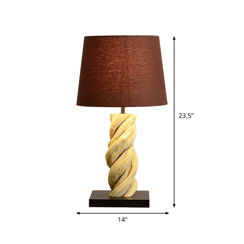 Barrel Night Table Light Art Deco Fabric 1 Head Brown Night Lamp with Spiral Wood Bar Base Clearhalo 'Lamps' 'Table Lamps' Lighting' 762819