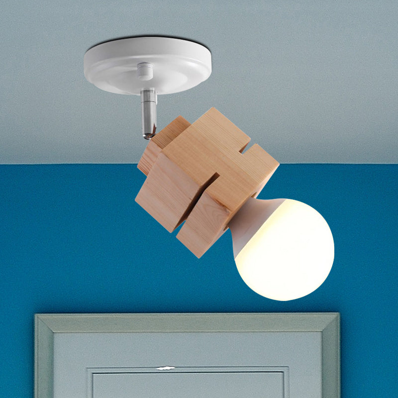 Metal Bare Bulb Semi Flush Ceiling Light Modern 1 Light White Finish Flushmount with Wood Top White B Clearhalo 'Ceiling Lights' 'Close To Ceiling Lights' 'Close to ceiling' 'Semi-flushmount' Lighting' 762824