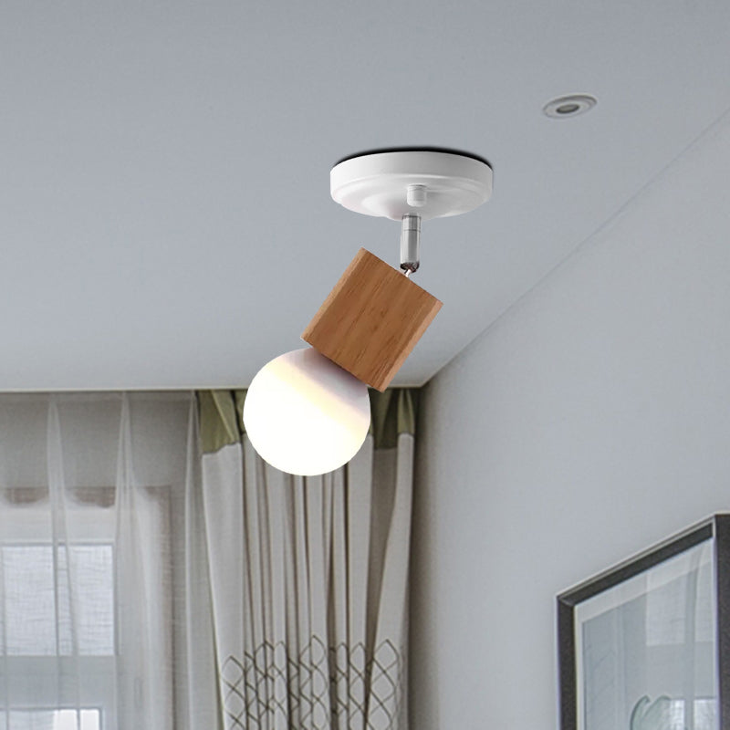 Metal Bare Bulb Semi Flush Ceiling Light Modern 1 Light White Finish Flushmount with Wood Top Clearhalo 'Ceiling Lights' 'Close To Ceiling Lights' 'Close to ceiling' 'Semi-flushmount' Lighting' 762835