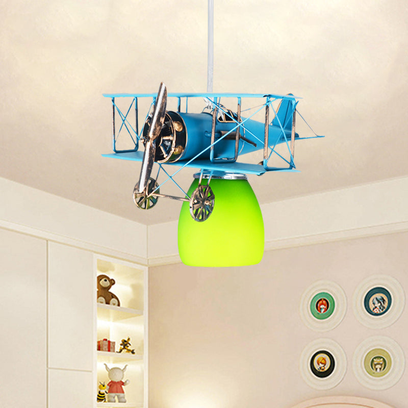 Wright Flyer Aircraft Suspension Light Kids Metal 1 Head Red/Blue/Yellow Pendant Lighting with Bottom Dome Colored Glass Shade Clearhalo 'Ceiling Lights' 'Pendant Lights' 'Pendants' Lighting' 762893