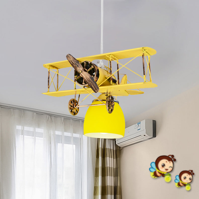 Wright Flyer Aircraft Suspension Light Kids Metal 1 Head Red/Blue/Yellow Pendant Lighting with Bottom Dome Colored Glass Shade Clearhalo 'Ceiling Lights' 'Pendant Lights' 'Pendants' Lighting' 762901