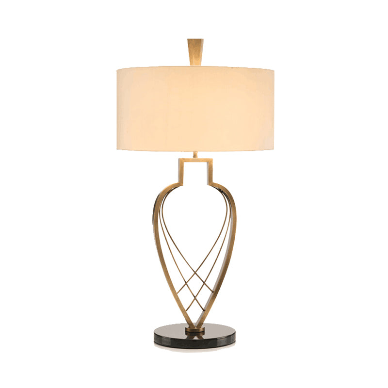Modern Drum Night Table Light Fabric 1 Bulb Study Room Reading Lamp in Beige with Gold Urn Frame Base Clearhalo 'Lamps' 'Table Lamps' Lighting' 762921