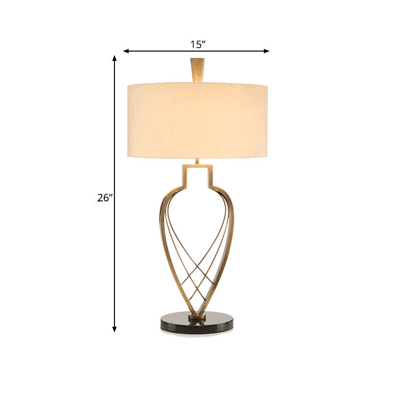 Modern Drum Night Table Light Fabric 1 Bulb Study Room Reading Lamp in Beige with Gold Urn Frame Base Clearhalo 'Lamps' 'Table Lamps' Lighting' 762922