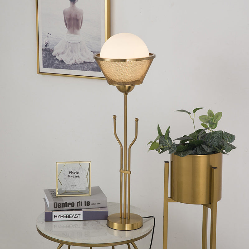 Brass Finish Ball Table Lighting Post Modern 1 Bulb Metallic Reading Book Lamp with Trident Base Brass Clearhalo 'Lamps' 'Table Lamps' Lighting' 762931
