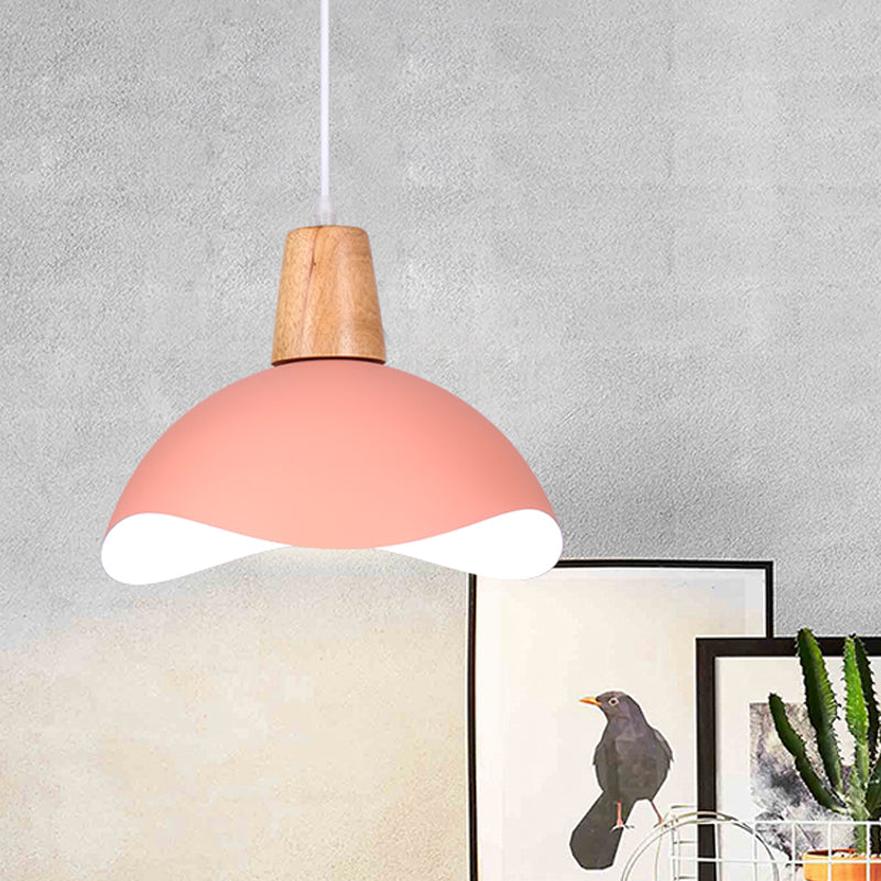 Waving Dome Hanging Lighting Macaron Iron 1-Light Pink/Yellow/Green Finish Pendulum Lamp for Dining Room Pink Clearhalo 'Ceiling Lights' 'Modern Pendants' 'Modern' 'Pendant Lights' 'Pendants' Lighting' 763104