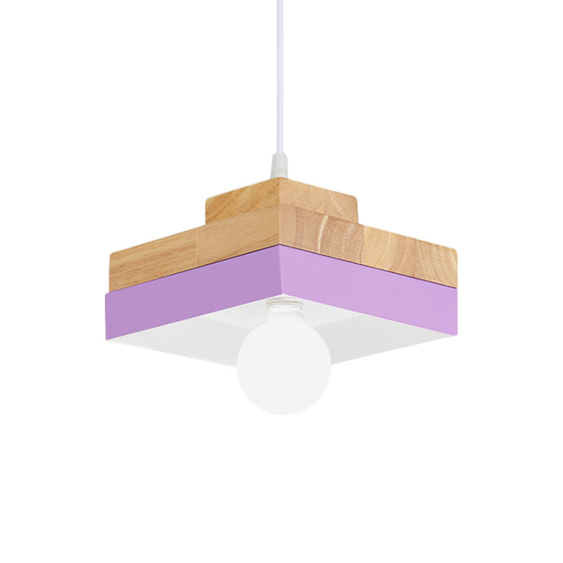 Macaron Circle/Square Down Lighting Metal 1-Light Living Room Hanging Ceiling Lamp in Orange/Purple/Yellow and Wood Clearhalo 'Ceiling Lights' 'Modern Pendants' 'Modern' 'Pendant Lights' 'Pendants' Lighting' 763131