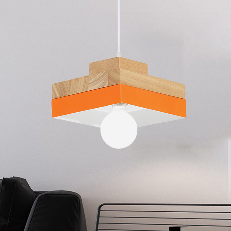 Macaron Circle/Square Down Lighting Metal 1-Light Living Room Hanging Ceiling Lamp in Orange/Purple/Yellow and Wood Orange Clearhalo 'Ceiling Lights' 'Modern Pendants' 'Modern' 'Pendant Lights' 'Pendants' Lighting' 763133