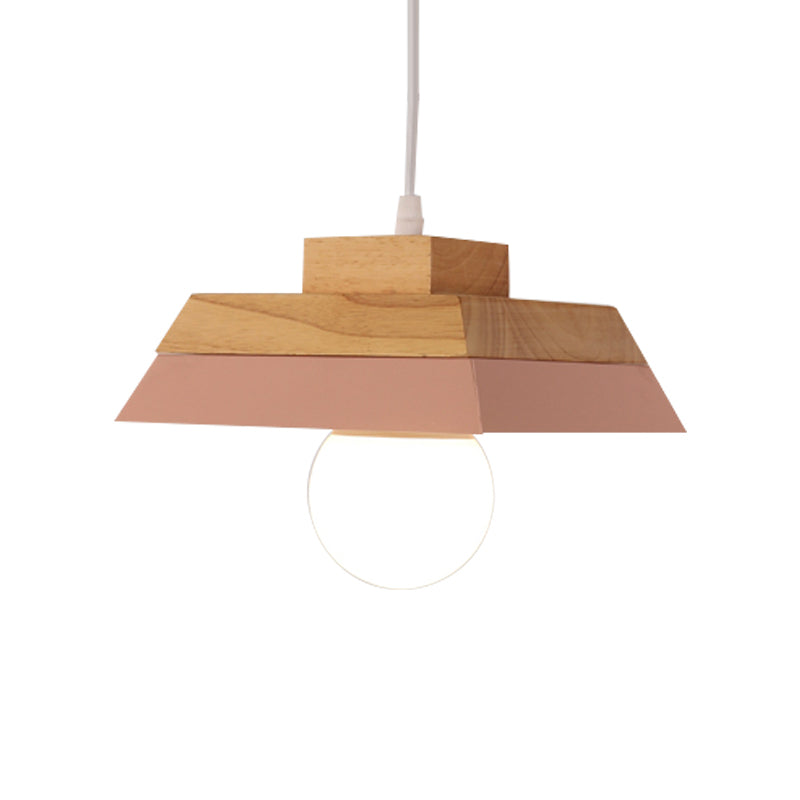 1-Bulb Living Room Suspension Light Modernism Yellow/Pink and Wood Hanging Lamp Kit with Geometric Metal Shade Clearhalo 'Ceiling Lights' 'Modern Pendants' 'Modern' 'Pendant Lights' 'Pendants' Lighting' 763148