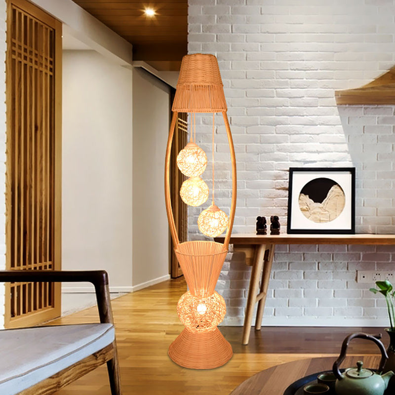 Fish Basket Floor Stand Light Art Deco Bamboo Rattan 4 Lights Wood Floor Lamp with Ball Shade for Living Room Wood Clearhalo 'Floor Lamps' 'Lamps' Lighting' 763355