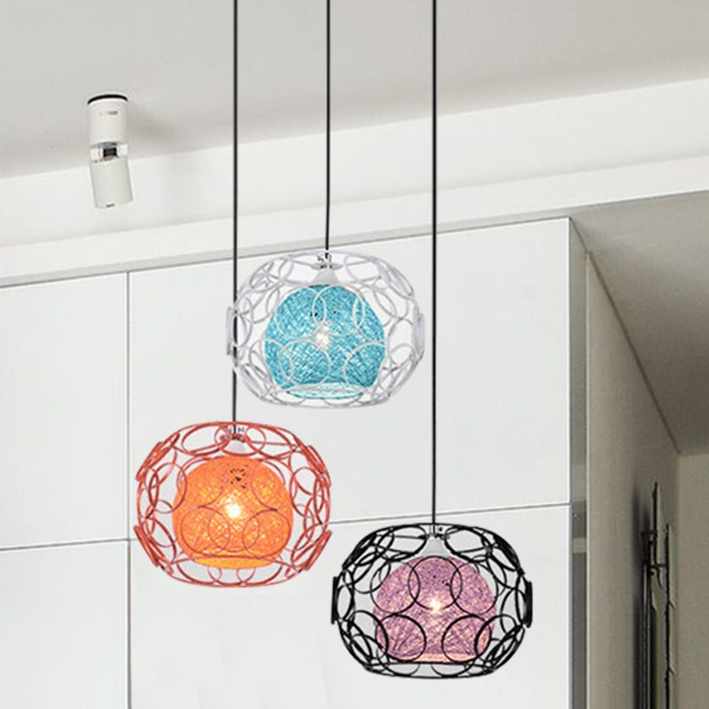 Colorful Rattan Globe Multi Ceiling Light Modern Asia 3-Light Hanging Pendant with Black Round Canopy Clearhalo 'Ceiling Lights' 'Pendant Lights' 'Pendants' Lighting' 763375