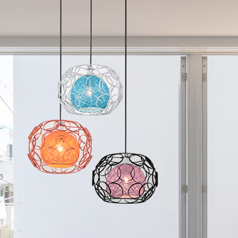 Colorful Rattan Globe Multi Ceiling Light Modern Asia 3-Light Hanging Pendant with Black Round Canopy Clearhalo 'Ceiling Lights' 'Pendant Lights' 'Pendants' Lighting' 763376