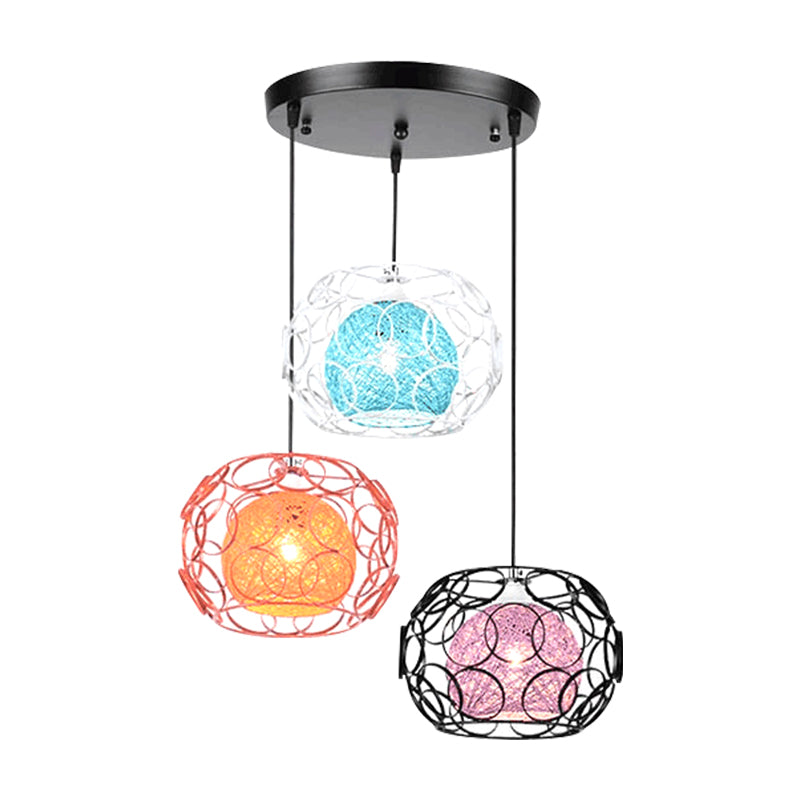 Colorful Rattan Globe Multi Ceiling Light Modern Asia 3-Light Hanging Pendant with Black Round Canopy Clearhalo 'Ceiling Lights' 'Pendant Lights' 'Pendants' Lighting' 763377