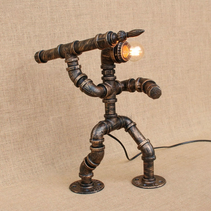 1 Light Table Lighting with Pipe Man and Bare Bulb Wrought Iron Vintage Standing Lamp in Bronze Clearhalo 'Lamps' 'Table Lamps' Lighting' 764827