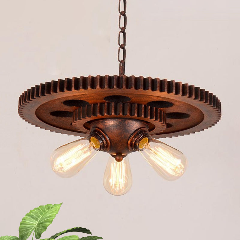 3 Lights Chandelier Light with Open Bulb and Gear Design Metal Retro Restaurant Pendant Lighting in Weathered Copper Clearhalo 'Cast Iron' 'Ceiling Lights' 'Chandeliers' 'Industrial Chandeliers' 'Industrial' 'Metal' 'Middle Century Chandeliers' 'Rustic Chandeliers' 'Tiffany' Lighting' 764837