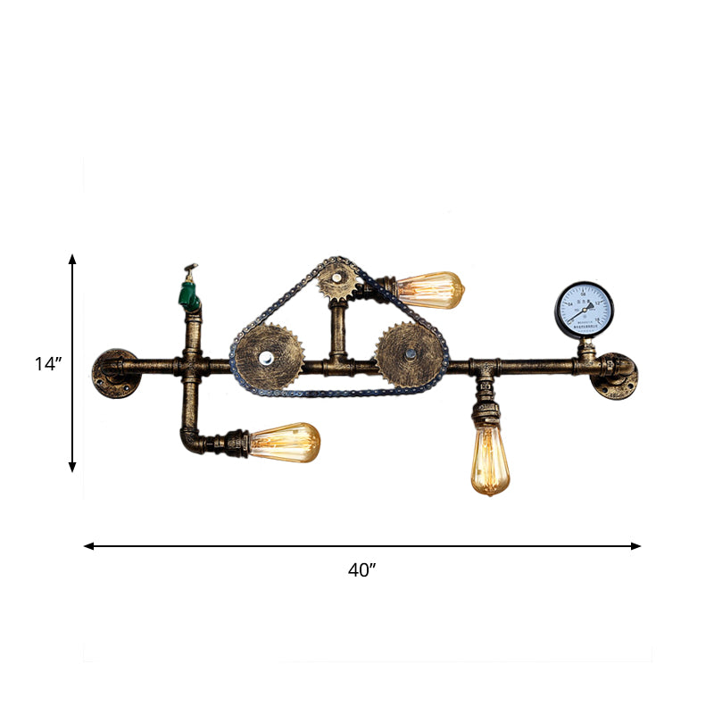 Steampunk Bicycle Wall Mount Light with Pipe Design 3 Lights Wrought Iron Wall Lamp in Antique Brass Clearhalo 'Art deco wall lights' 'Cast Iron' 'Glass' 'Industrial wall lights' 'Industrial' 'Middle century wall lights' 'Modern' 'Rustic wall lights' 'Tiffany' 'Traditional wall lights' 'Wall Lamps & Sconces' 'Wall Lights' Lighting' 764893