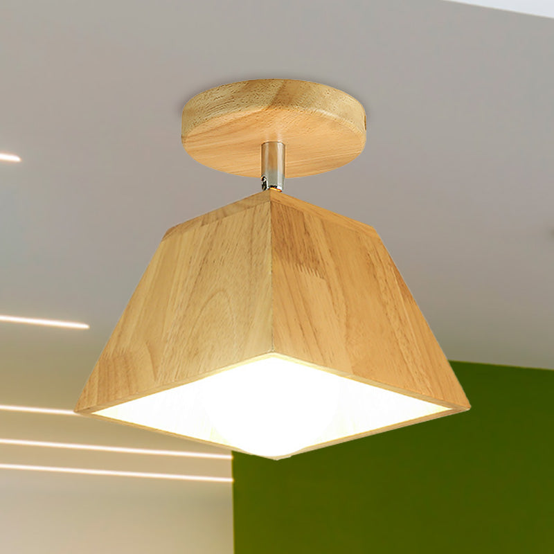 1 Bulb Semi Flush Light with Trapezoid Shade Wood Nordic Style Corridor Ceiling Mount Light Fixture Wood Clearhalo 'Ceiling Lights' 'Close To Ceiling Lights' 'Close to ceiling' 'Semi-flushmount' Lighting' 765339