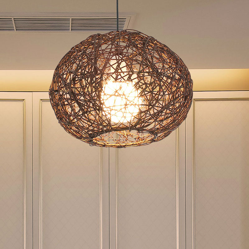 Brown/Ivory Bird���������s Nest Hanging Light Farmhouse Rattan Single Pendant Lamp over Table Clearhalo 'Ceiling Lights' 'Pendant Lights' 'Pendants' Lighting' 767405