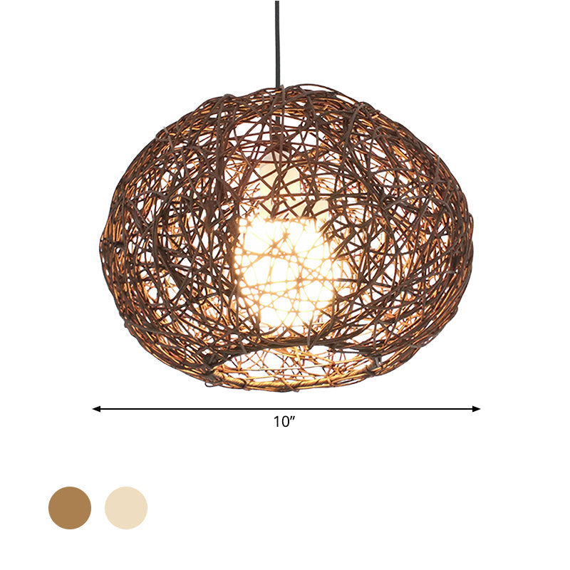 Brown/Ivory Bird���������s Nest Hanging Light Farmhouse Rattan Single Pendant Lamp over Table Clearhalo 'Ceiling Lights' 'Pendant Lights' 'Pendants' Lighting' 767409