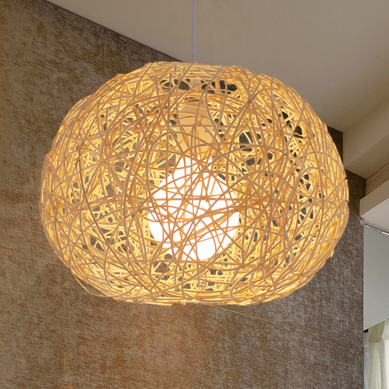 Brown/Ivory Bird���������s Nest Hanging Light Farmhouse Rattan Single Pendant Lamp over Table Clearhalo 'Ceiling Lights' 'Pendant Lights' 'Pendants' Lighting' 767413