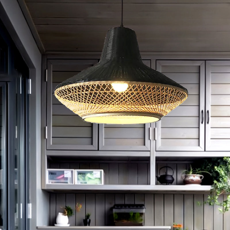 Asian 1-Light Hanging Lamp with Knitted Bamboo Black/Wood Curvy Pendant Light for Restaurant Tea House Clearhalo 'Ceiling Lights' 'Pendant Lights' 'Pendants' Lighting' 767473