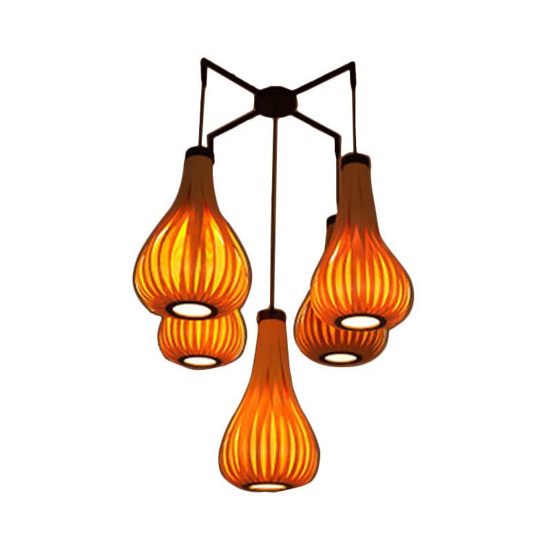 Wood Veneer Teardrop Pendant Light Asian Style 5-Light Light Brown/Dark Brown Hanging Light Fixture for Restaurant Clearhalo 'Ceiling Lights' 'Chandeliers' Lighting' options 767501