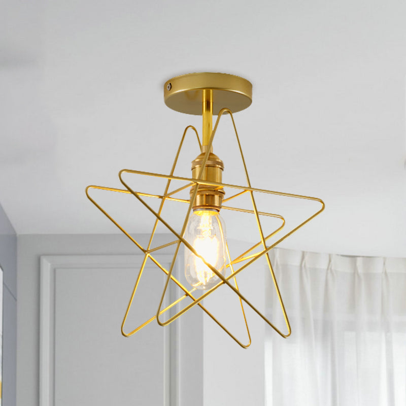 1 Bulb Star Cage Semi Flush Light Industrial Vintage Black/Gold Metallic Semi Flush Mount Lighting for Corridor Gold Clearhalo 'Ceiling Lights' 'Close To Ceiling Lights' 'Close to ceiling' 'Semi-flushmount' Lighting' 768032