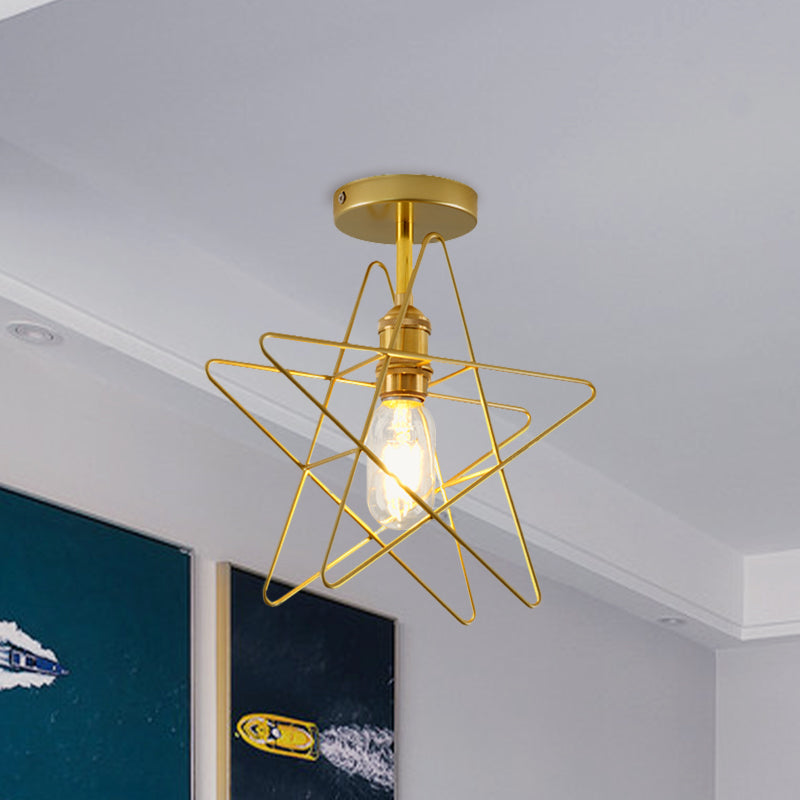 1 Bulb Star Cage Semi Flush Light Industrial Vintage Black/Gold Metallic Semi Flush Mount Lighting for Corridor Clearhalo 'Ceiling Lights' 'Close To Ceiling Lights' 'Close to ceiling' 'Semi-flushmount' Lighting' 768033