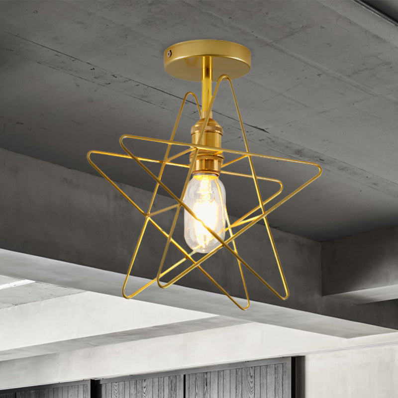 1 Bulb Star Cage Semi Flush Light Industrial Vintage Black/Gold Metallic Semi Flush Mount Lighting for Corridor Clearhalo 'Ceiling Lights' 'Close To Ceiling Lights' 'Close to ceiling' 'Semi-flushmount' Lighting' 768034