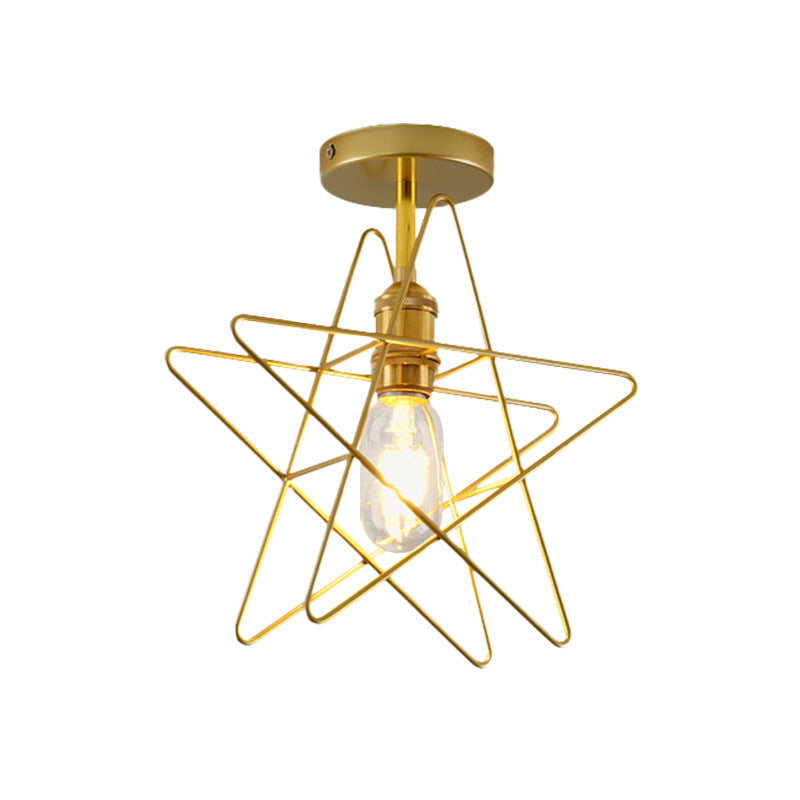 1 Bulb Star Cage Semi Flush Light Industrial Vintage Black/Gold Metallic Semi Flush Mount Lighting for Corridor Clearhalo 'Ceiling Lights' 'Close To Ceiling Lights' 'Close to ceiling' 'Semi-flushmount' Lighting' 768035