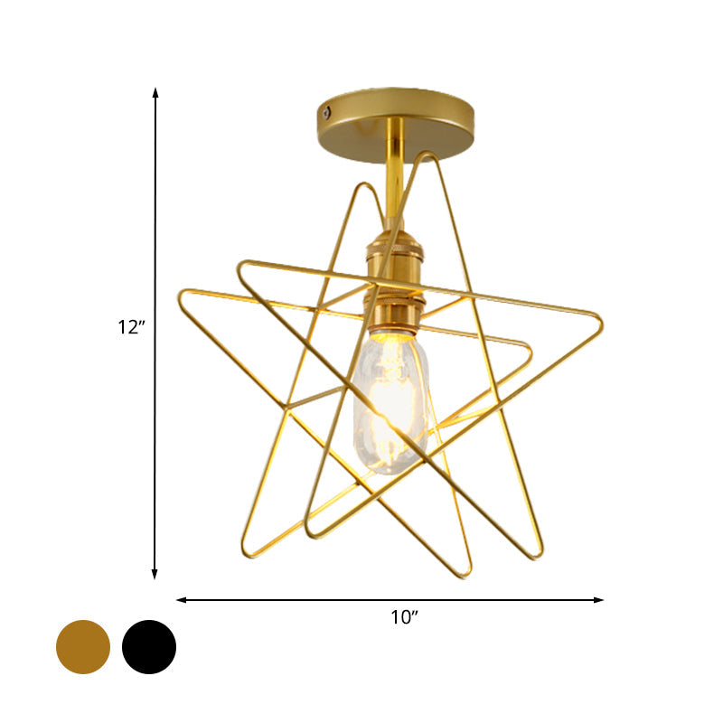 1 Bulb Star Cage Semi Flush Light Industrial Vintage Black/Gold Metallic Semi Flush Mount Lighting for Corridor Clearhalo 'Ceiling Lights' 'Close To Ceiling Lights' 'Close to ceiling' 'Semi-flushmount' Lighting' 768036