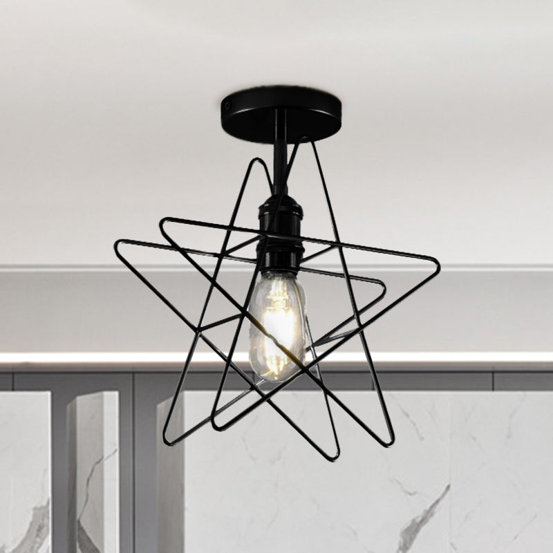 1 Bulb Star Cage Semi Flush Light Industrial Vintage Black/Gold Metallic Semi Flush Mount Lighting for Corridor Black Clearhalo 'Ceiling Lights' 'Close To Ceiling Lights' 'Close to ceiling' 'Semi-flushmount' Lighting' 768037