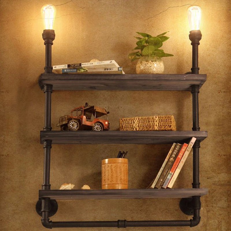 1/2-Bulb Wood Shelf Wall Lighting with Water Pipe Vintage Stylish Bronze Wall Mount Light for Living Room Wood B Clearhalo 'Art deco wall lights' 'Cast Iron' 'Glass' 'Industrial wall lights' 'Industrial' 'Middle century wall lights' 'Modern' 'Rustic wall lights' 'Tiffany' 'Traditional wall lights' 'Wall Lamps & Sconces' 'Wall Lights' Lighting' 768220