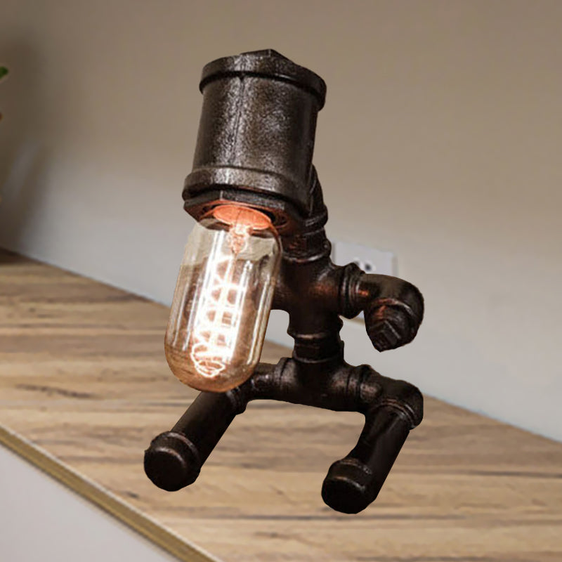 1 Light Metallic Table Lighting Rustic Style Black/Aged Bronze Sitting Robot Table Lamp with Bare Bulb Clearhalo 'Lamps' 'Table Lamps' Lighting' 768385