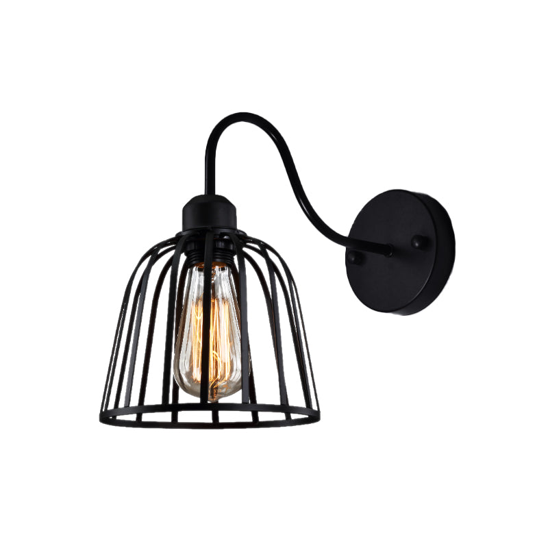 Black Bell Cage Wall Lamp with Gooseneck Arm Industrial Metallic 1 Light Bedside Wall Mount Light Clearhalo 'Art deco wall lights' 'Cast Iron' 'Glass' 'Industrial wall lights' 'Industrial' 'Middle century wall lights' 'Modern' 'Rustic wall lights' 'Tiffany' 'Traditional wall lights' 'Wall Lamps & Sconces' 'Wall Lights' Lighting' 768431