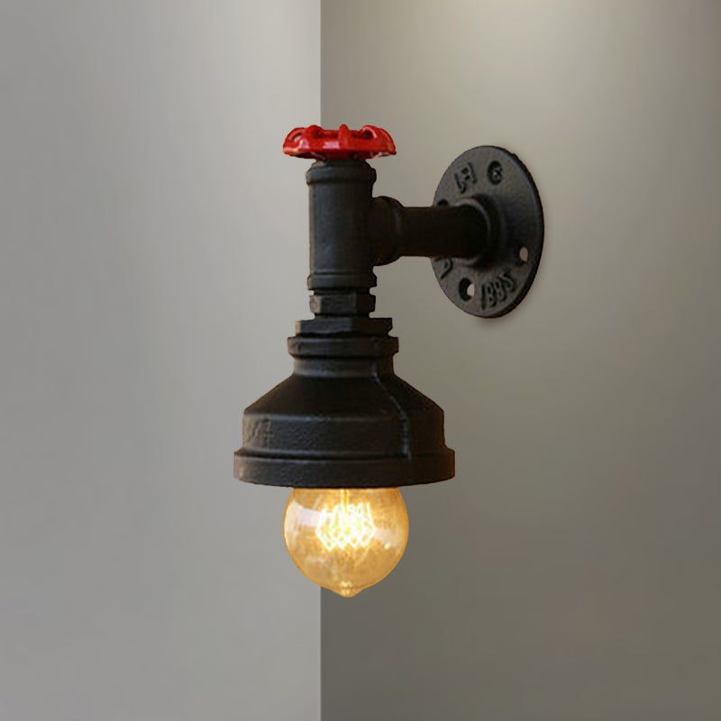 Black Barn Sconce Lighting with Valve Wheel Industrial Rustic Metallic 1 Light Bedroom Mini Wall Light Fixture Clearhalo 'Art deco wall lights' 'Cast Iron' 'Glass' 'Industrial wall lights' 'Industrial' 'Middle century wall lights' 'Modern' 'Rustic wall lights' 'Tiffany' 'Traditional wall lights' 'Wall Lamps & Sconces' 'Wall Lights' Lighting' 768473