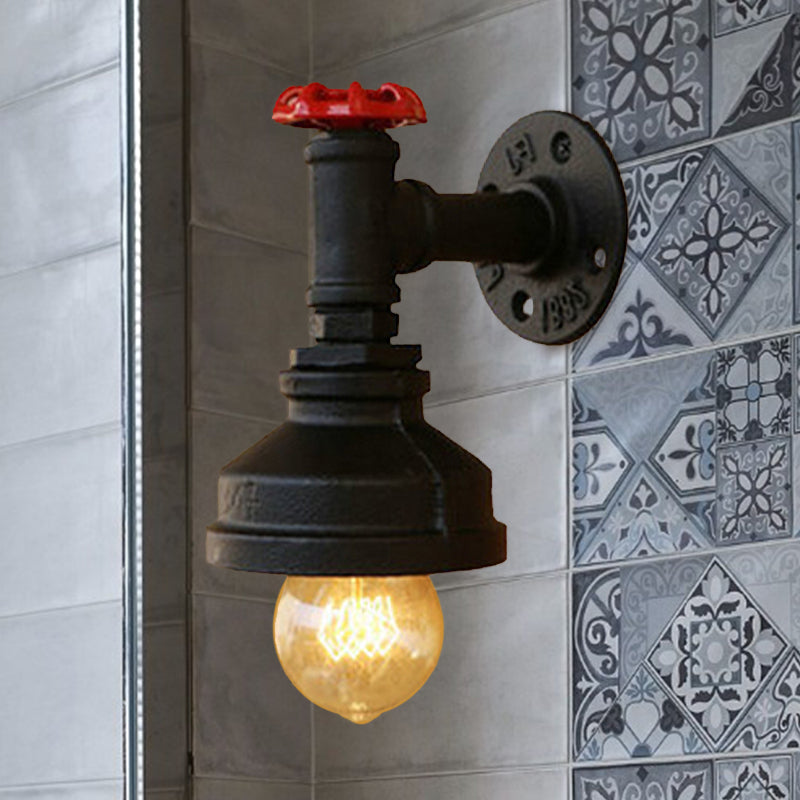 Black Barn Sconce Lighting with Valve Wheel Industrial Rustic Metallic 1 Light Bedroom Mini Wall Light Fixture Clearhalo 'Art deco wall lights' 'Cast Iron' 'Glass' 'Industrial wall lights' 'Industrial' 'Middle century wall lights' 'Modern' 'Rustic wall lights' 'Tiffany' 'Traditional wall lights' 'Wall Lamps & Sconces' 'Wall Lights' Lighting' 768474