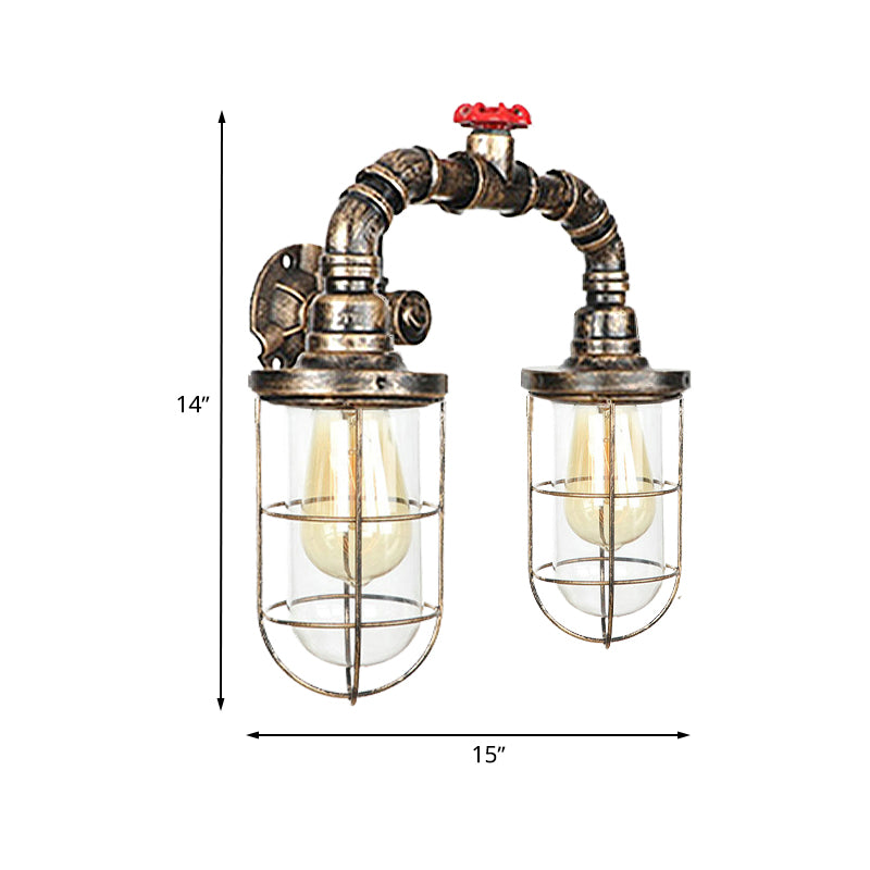 Farmhouse Wire Guard Wall Lamp with Valve Wheel 2 Bulbs Wrought Iron Sconce Lighting in Brass Clearhalo 'Art deco wall lights' 'Cast Iron' 'Glass' 'Industrial wall lights' 'Industrial' 'Middle century wall lights' 'Modern' 'Rustic wall lights' 'Tiffany' 'Traditional wall lights' 'Wall Lamps & Sconces' 'Wall Lights' Lighting' 768503